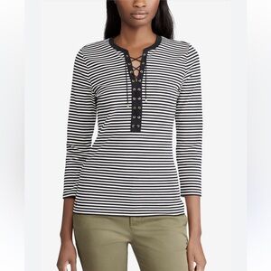 Ralph Lauren Blue and White Tie Front 3/4 Sleeve Blouse